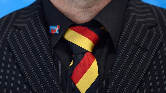 Ein Delegierter der AfD Europawahlversammlung trägt einen Pin der AfD und eine Deutschland-Krawatte. 