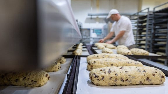 In einer Backstube werden Weihnachtsstollen in den Ofen befördert.