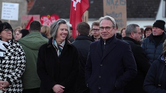 Sachsen-Anhalts Innenministerin Tamara Zieschang auf einer Protestveranstaltung gegen eine AfD-Demonstration in Bad Bibra.