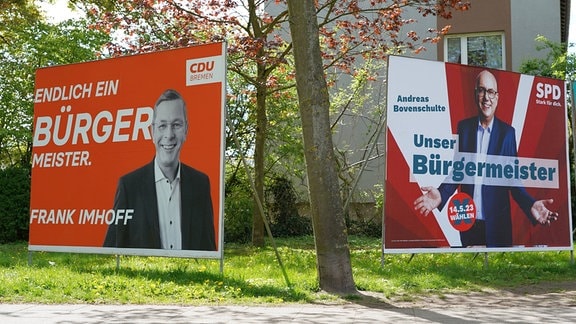 Wahlplakate der oppositionellen CDU und der regierenden SPD zur Bremer Bürgerschaftswahl.