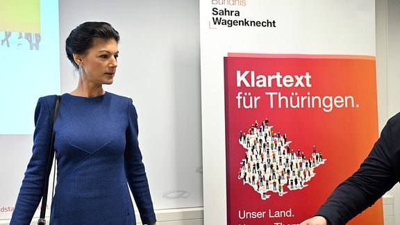 Sahra Wagenknecht im Februar bei der Vorstellung der BSW-Kampagne zur Landtagswahl in Thüringen. Finanzieren kann sie das vor allem durch zwei rekordverdächtig hohe Spenden einer Privatperson.