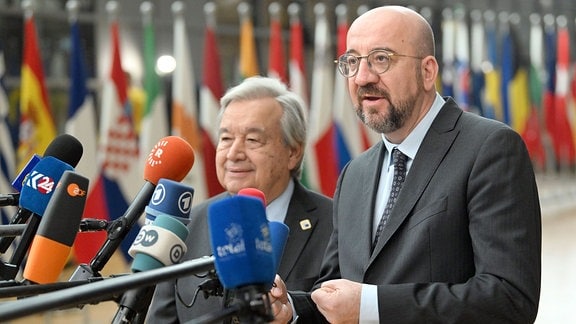 Antonio Guterres, Generalsekretär der Vereinten Nationen, und Charles Michel, Präsident des Europäischen Rates, im Bild während des Europäischen Rates am 21. März 2024 in Brüssel.