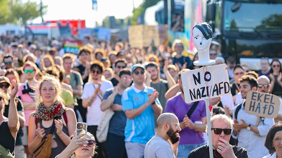Demonstranten nehmen an einer Rave-Demo gegen die AfD vor dem Parteitag vom Hauptbahnhof Essen zur Grugahalle teil.