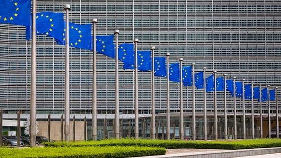 Europafahnen vor dem Gebäude der Europäischen Kommission in Brüssel 
