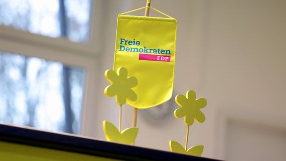 Symbolbild: Fähnchen mit Schriftzug, Logo der FDP, Freie Demokraten.