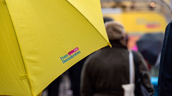 Oldenburg - FDP Wahlkampf zur niedersächsischen Landtagswahl - Regenschirm mit FDP-Logo