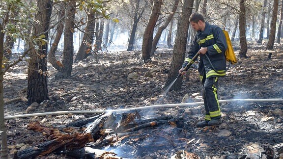 Feuerwehrwann löscht Feuer am Zrce Strand in Novalja Insel Pag Kroatien