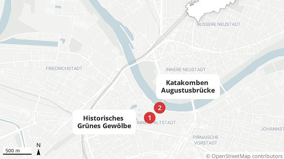Eine Grafik zeigt die Dresdner Innenstadt mit drei Punkten welche die Tatorte und das abgebrannte Fluchtfahrzeug markieren.