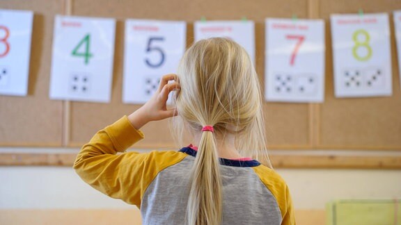 Ein Schulkind steht nachdenklich vor einer an der Wand aufgehangenen Zahlenreihe.