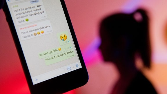 Display eines Smartphones mit einem fiktiven Chatverlauf beim Messenger "WhatsApp"