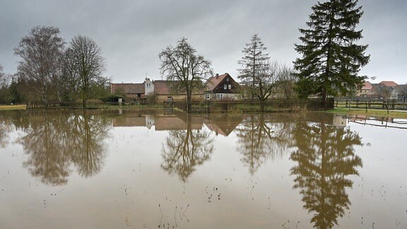 Das Hochwasser steht vor dem Ort Niederröblingen.