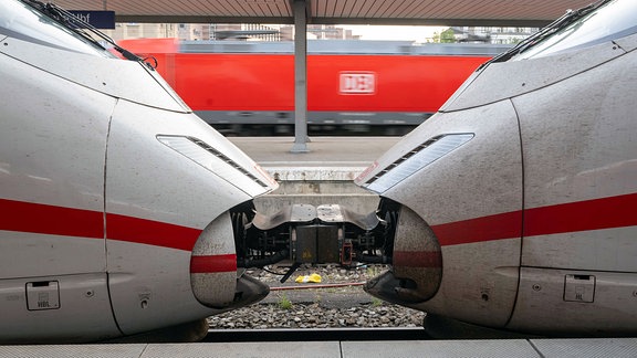 Zwei ICE-Züge der Deutschen Bahn sind auf dem Bahnhof zusammengekoppelt. 