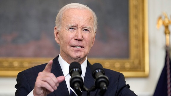 US-Präsiden Joe Biden äußert sich im State Dining Room des Weißen Hauses über den neu aufgeflammten Konflikt mit der islamistischen Terrororganisation Hamas.