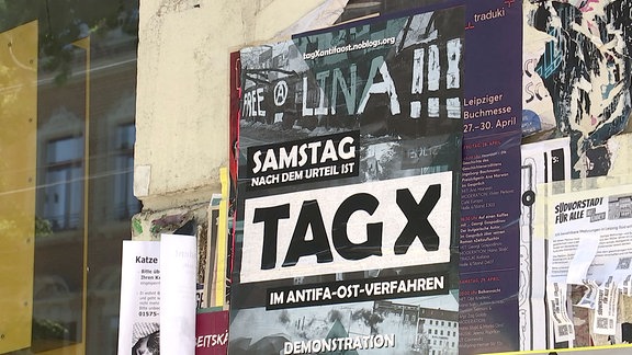 Ein Graffiti „Free Lina 3.6. Tag X" prangt an einem Wohnhaus im Leipziger Süden. 