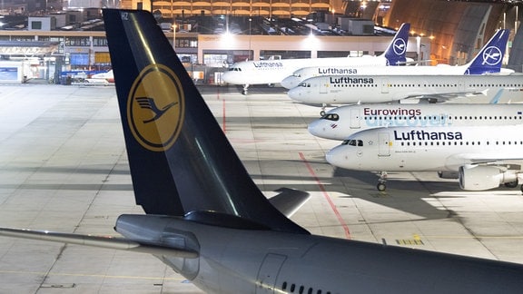 Abgestellte Maschinen der Lufthansa auf dem Flughafen Frankfurt.