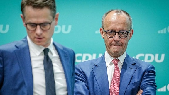 CDU-Vorsitzender Friedrich Merz und CDU-Genetalsekretär Carsten Linnemann beim CDU-Bundesparteitag am 7. Mai 2024