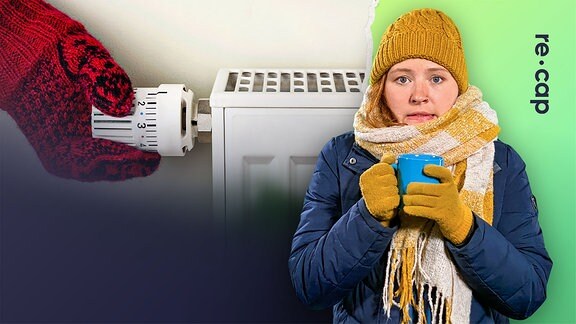 Frau in Winterkleidung vor Heizung - Textzeile - Reicht das Gas für den Winter?