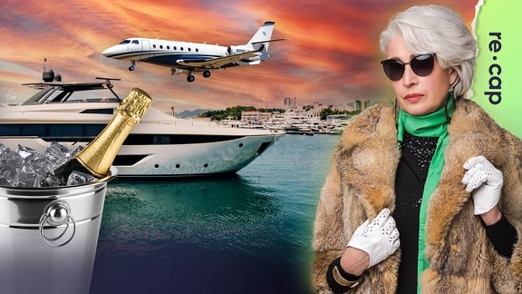 Eine reiche Frau mit Superyacht, Privatjet und Champagner-Flasche.