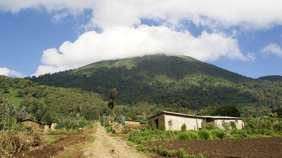 Ein Dorf und Berge in Ruanda.