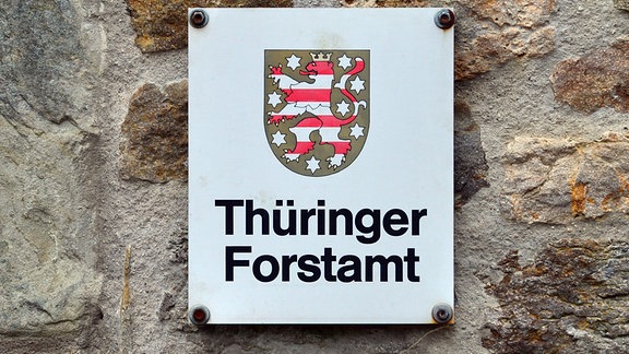 An einer Mauer vor dem Forsthaus Willrode hängt eine Tafel mit der Aufschrift "Thüringer Forstamt"