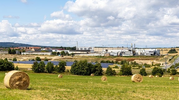 Blick auf eine Industrie-Anlage in grüner Landschaft