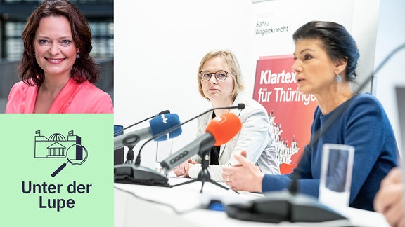 Collage: Kristin Schwietzer, Leiterin des MDR-Büros in Berlin und im Hintergrund Sahra Wagenknecht und Katja Wolf bei einer Pressekonferenz