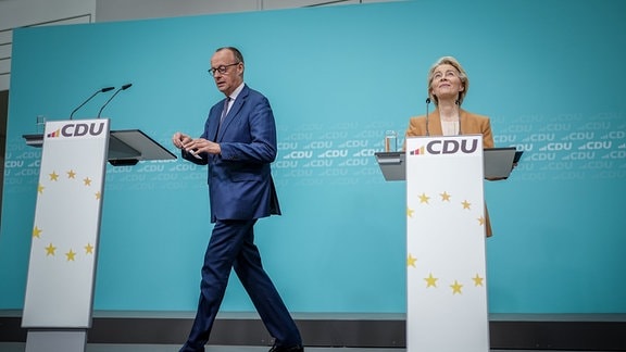 Friedrich Merz (CDU), CDU-Bundesvorsitzender und Unionsfraktionsvorsitzender, und Ursula von der Leyen, Präsidentin der Europäischen Kommission, geben nach der CDU-Bundesvorstandssitzung eine Pressekonferenz.