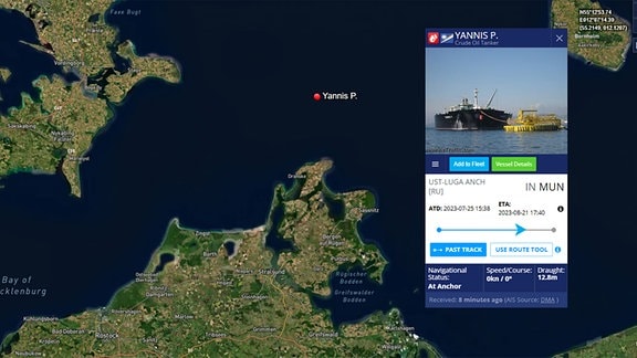 Screenshot Marine Traffic zur Position von Öltanker Yannis P nördlich Rügen 
