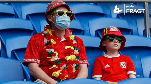 Wales-Fan mit Mundschutz sitzt mit Kind in Stadion  