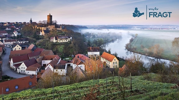 Aussicht auf Dorf und Burg Schönburg im Saaletal, Morgennebel über der Saale, bei Naumburg, Sachsen-Anhalt