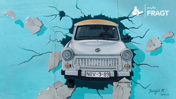 Wandgemälde Trabi durchbricht Mauer, Künstlerin Birgit Kinder
