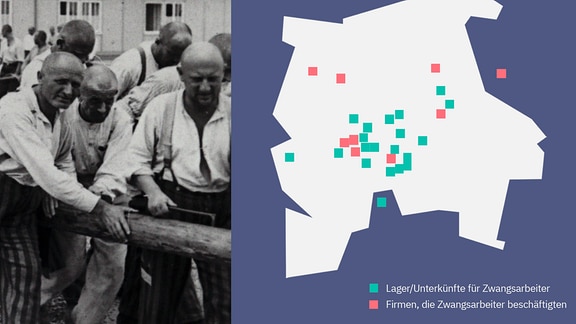 Collage: KZ-Häftlinge ziehen eine schwere Straßenmaschine. Karte Leipzigs mit Orten wo Zwangsarbeiter arbeiten mussten und untergebracht waren.