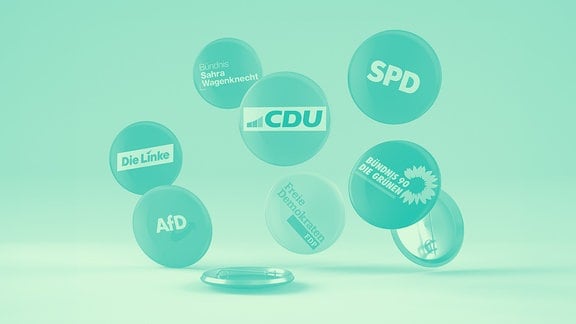 Die Logos von AfD, BSW, Bündnis 90/Die Grünen, CDU, FDP, Linke und SPD.