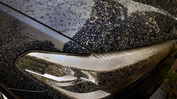 Saharastaub haftet nach einem Regen auf der Motorhaube und dem Scheinwerfer eines Autos.