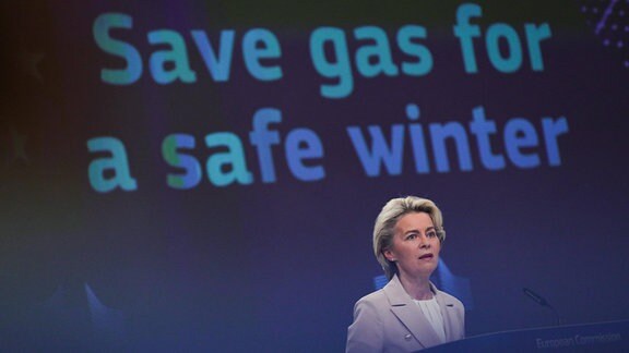 Ursula von der Leyen im Ihtergrund steht der Text "Save gas for a safe winter"
