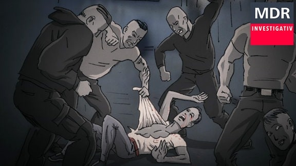 Grafik, in der junge Nazis einen jungen Mann verprügeln.