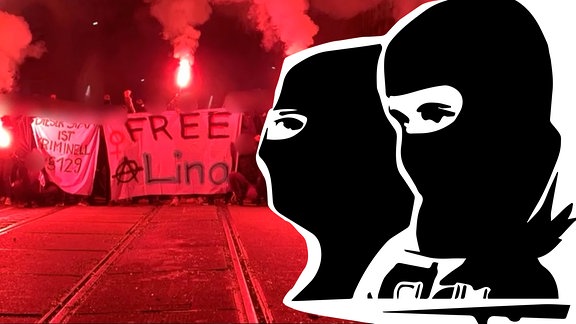 Symbolbild mit 2 Personen die eine Hassmaske tragen. Dahinzter Demo "Free Lina"