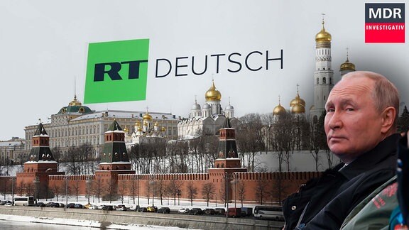 Collage: Putin vor Kreml und RT deutsch Schriftzug