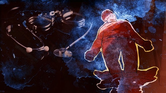 Collage: Stethoskop und Handschellen, daneben die Umrisse eines auf dem Rücken liegenden Mannes