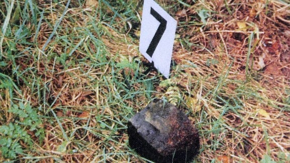 faustgroßer dunkler Stein im Gras, daneben Schild mit Ziffer 7 (Spurensicherung)