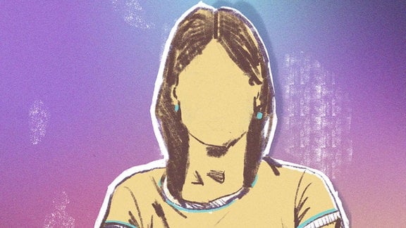Zeichnung: Frau mit langen Haaren und verschränkten Armen, kein Gesicht