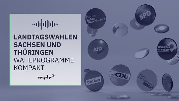 Im Hintergrund sind Buttons mit Parteilogos zu sehen, im Vordergrund steht "Wahlprogramme kompakt"