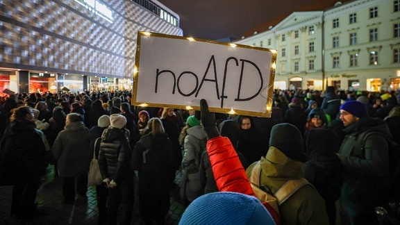 Ein Demonstrant hält ein Pappschild „noAfD“ in die Höhe.