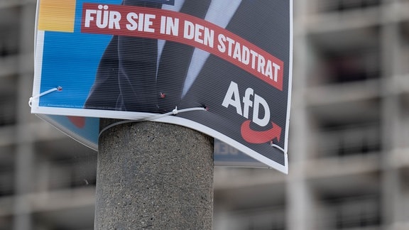 Ein Wahlplakat der AfD zur Kommunalwahl hängt vor einem Neubaublock in Halle/Saale. 
