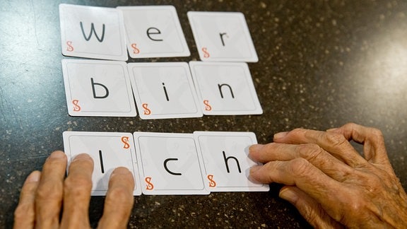 Eine Demenzkranke Frau legt 2013 die Karten eines Spiels zu dem Satz "wer bin ich" zusammen.