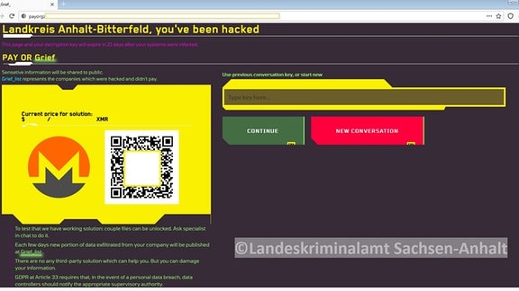 Screenshot einer Website im Darknet mit der Forderung der Erpresser. Und einem Chatfenster.