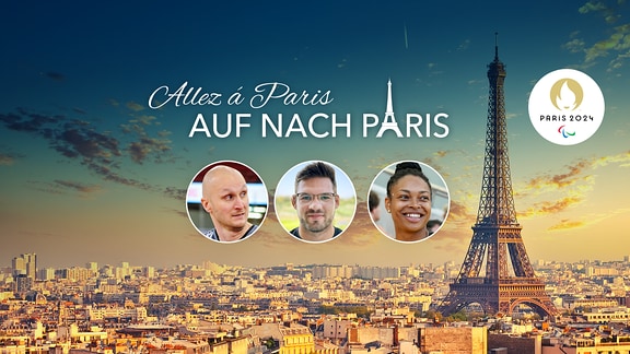 Ein Bild des Eiffelturms, dazu drei Portraits von Sportlern.