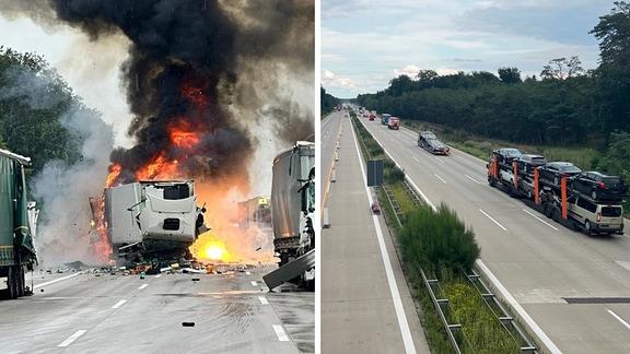 Collage: A2 Unfall – Lkw-Unfall mit Brand und Explosion und jetzt teilweise freier Autobahn