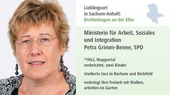 Ministerin für Arbeit  und Soziales Petra Grimm-Benne, SPD    *1962, Wuppertal verheiratet, zwei Kinder  studierte Jura in Bochum und Bielefeld  verbringt Freizeit mit Walken,  arbeiten im Garten