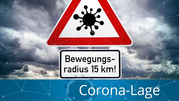 Schild mit Coronavirus-Symbol und der Aufschrift Bewegungsradius 15 km